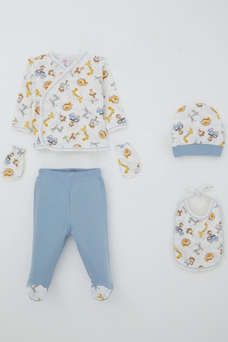 Breeze Erkek Bebek Hastane Çıkışı 5 Li Safari Macerası Sevimli Hayvancıklar Desenli 0-3 Ay, Beyaz Beyaz