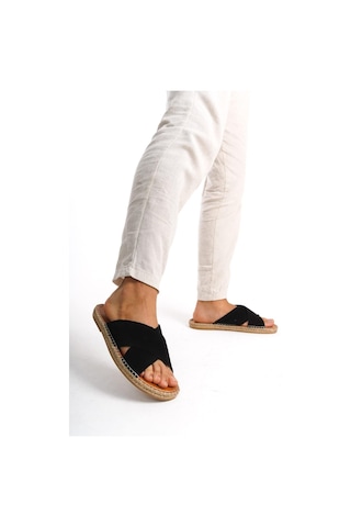 Mubiano Hakiki Deri Summer Erkek Süet Çapraz Bantlı Jüt Taban Siyah Espadril Terlik -mssr5959-s Siyah