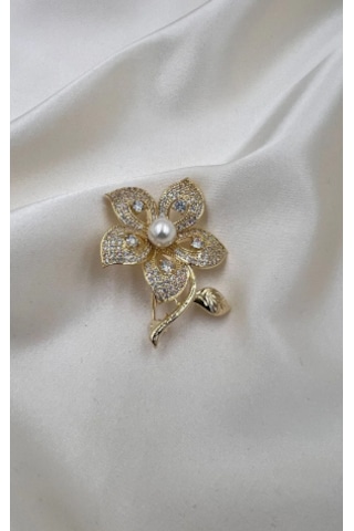 Bb Altın Kaplama İncili Çiçek Broş Altın - Beyaz