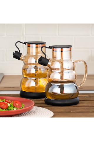 Porsima 3617- 1 Kapaklı Borosilikat Cam 2li Yağlık Sirkelik Seti Yağdanlık Takımı 1000ml Siyah Siyah