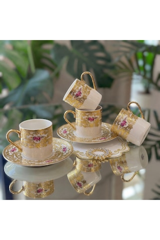 Elta Collection Victoria 24k Altın İşlemeli 6 Kişilik Porselen Kahve Fincan Takımı Altın