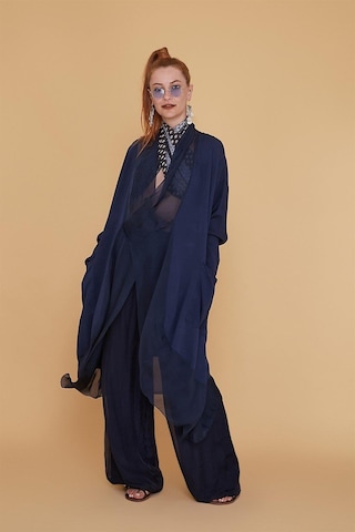 Bohem Stil Italyan Ipek Detaylı Oversize Kaftan & Bluz-8711 Lacivert