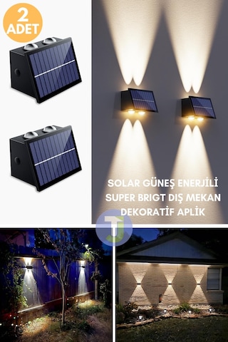 Technojet Solar Güneş Enerjili 4 Ledli Bahçe Aydınlatması Aplik Sarı Işık Led Lamba 2 Adet Siyah