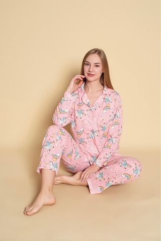 Kadın Desenli Düğmeli Uzun Kol Pijama Takımı Pembe
