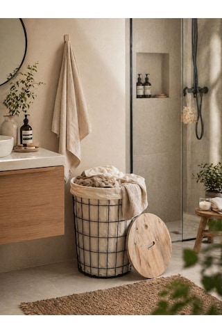 Uykula Banyo Düzenleyici Tel Kirli Sepet Ahşap Kapaklı Metal Gövde Kumaşlı Çamaşır Sepeti Banyo Aksesuar Siyah