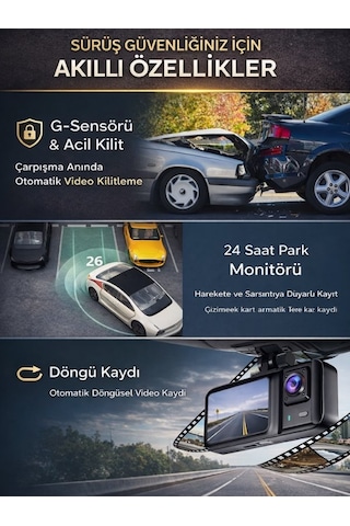 Snr-38 Wi-fi 3 Kameralı Araç İçi Güvenlik Kamerası Ir Gece Görüşü G-sensör Ön-arka-iç Kayıt Dashcam