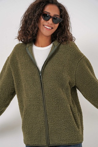 Gabria Kapüşonlu Fermuarlı Hırka Haki