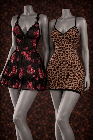 Albonishop Leopar Desenli V Yaka Mini Gecelik İle Siyah Gül Baskılı Transparan Babydoll İç Giyim Set Çok Renkli