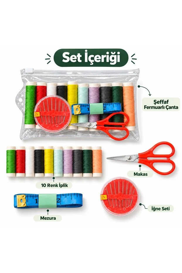 Şeffaf Fermuarlı Dikiş Seti 10 Renk İplik İğne Makas Mezura Seyahat Seti