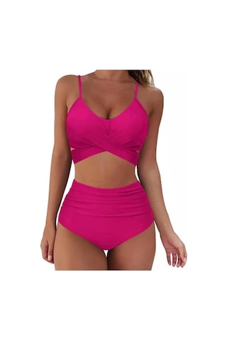 2 Adet/takım Kaliteli Mayo Tel Ücretsiz Backless Leopar Ön Çapraz Bikini Plaj İçin Set Gül Kırmızısı Fuşya