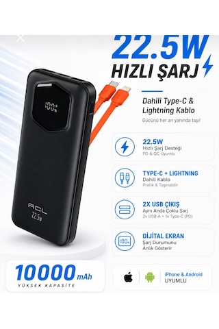 Acl Pw 139 10000 Mah 22.5w Hızlı Şarjlı Powerbank Dahili Type-c & Lightning Kablolu Siyah