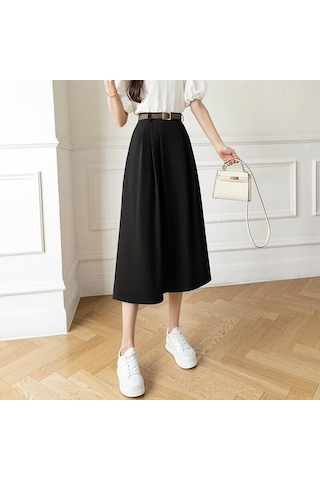 Qooth Bahar Kadın Yüksek Bel A-line Sashes Etek 2022 Yeni Stil Zarif Orta Uzunlukta Uzun Ofis Bayan Düz Etek Siyah