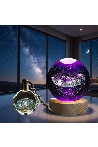Gezegenler Temalı Işıklı Cam Küre - Renk Değiştiren Gece Lambası - Kristal Anahtarlık Seti Çok Renkli