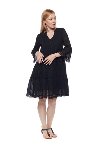 Kısa Kollu Siyah Düğmeli Vual Yazlık Elbise