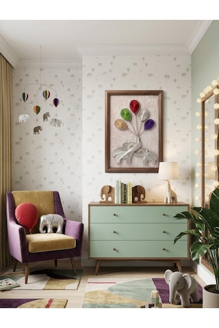 Filografi Balonlu Fil Tablosu 35x50 Cm Ahşap Çivi & Tel Sanatı Çocuk Odası, Anaokulu Ve Hediye Dekoratif Ta -