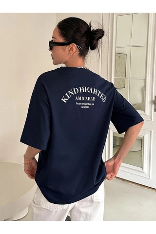 Flood Of Style Kadın Lacivert Kind Hearted Baskılı Oversize T-shirt