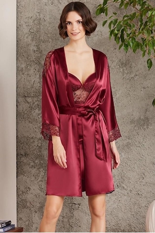 Pierre Cardin 6000 Saten Gecelik Sabahlık Pijama Takım Şort Takım 6'lı Gelin Çeyiz Seti Bordo