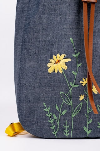 Fabric Craft Bag Sırt Çantası Kot Kumaş Çiçek Nakışlı Büzgülü Kot