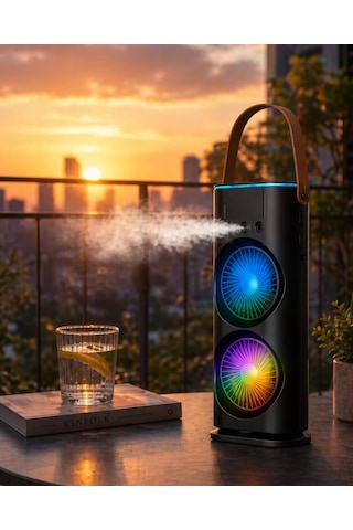 Şarjlı Buharlı Serinletici Fan Rgb Işıklı Çift Pervaneli Masa Fanı