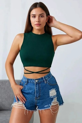 LUXSTOREE Kadın Yeşil Çapraz Bağlamalı Crop Top Büstiyer Modern Ve Şık Tasarım Çok Renkli