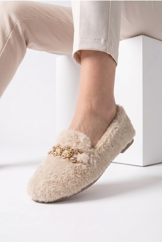 Nmoda Kadın Peluş Panduf Gold Zincir Taşlı Aksesuarlı Kapalı Loafer Yumuşak Tabanlı Kışlık Rahat Babet Krem