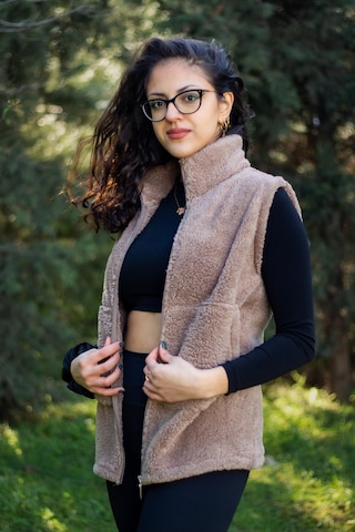 Kadın Vizon Sütlü Kahve Dik Yaka Kalın Peluş Fermuarlı Yelek 24kylkk215 001