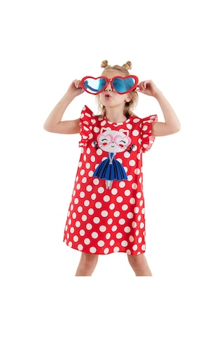 Denokids Puantiye Kedicik Kız Çocuk Poplin Elbise Kırmızı