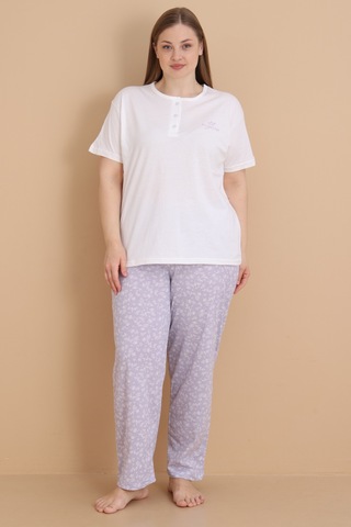 Wordex Mirano 4514 Çiçekli Kısa Kollu Pamuklu Penye Büyük Beden Kadın Pijama Takımı Ekru