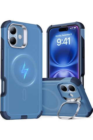 Esr Apple Uyumlu iPhone 16 Standlı Kılıf Cyber Tough Halolock Magsafe Silikon Light Blue