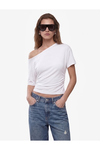Koton Slim Fit Drape Detaylı Omzu Açık Kayık Yaka Tişört Beyaz 6sak50414ek