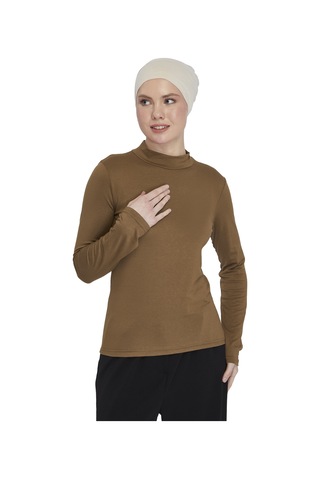 Kadın Organik Uzun Kollu Balıkçı Yakalı Body Açık Çikolata