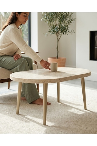 Traverten Desenli Orta Sehpa 100x60 Cm Cappuccino Ahşap Ayaklı Modern Salon Sehpası
