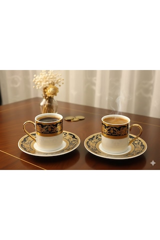 Deco Vien Osmanlı Motifli Siyah-gold 2'li Porselen Kahve Fincan Takımı Siyah - Gold