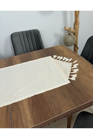 El Dantelli Püsküllü Runner Ranır Örtü Buldan Işi Monika Keten Sehpa Masa Üstü Örtüsü Şömen 45x100