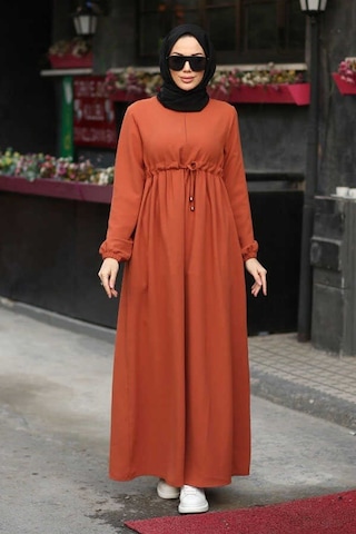 Neways 6497-Krep Süs Bağcıklı  Büzgülü  Elbise Kiremit