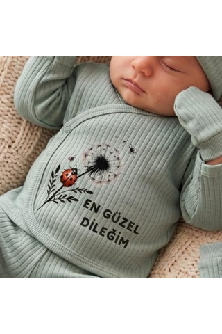 Lexroo %100 Pamuk Yenidoğan Bebek Hastane Çıkış Seti En Güzel Dileğim Yazılı Yeşil 5'li Bebek Takımı