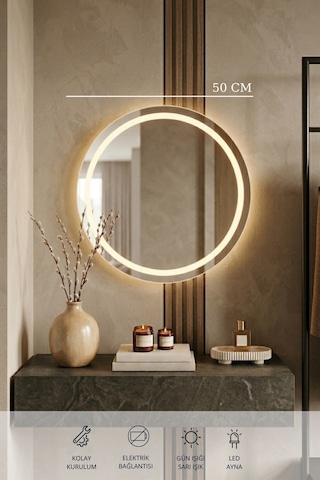 50 Cm Kumlamalı Led Ayna, Banyo, Antre, Salon, Dekoratif Gün Işığı Duvar Aynası