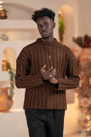 Oversize Kendinden Çizgili Pamuklu Kalın Triko Spor Kazak Kahverengi