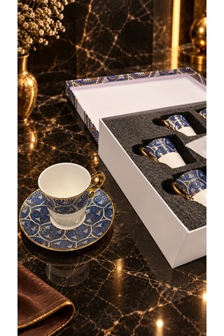 Lüks Sarmal Mozaik Desenli Lacivert Altın Yaldızlı Porselen Kahve Fincanı Takımı 6 Kişilik Çok Renkli