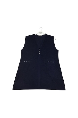 Kadın Önü Üç Düğmeli Jakarlı Cepli Kısa Yelek Lacivert