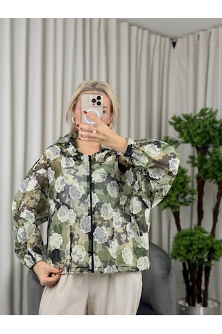 On Fashion Kapüşonlu Desenli Fermuarlı Kadın Yeşil İnce Mont 52704 Yeşil
