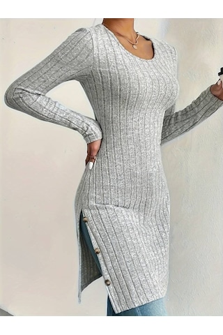 Leyla Sanat Sanata Yeni Bir Bakış Açısı Kadın Uzun Kollu Yuvarlak Yaka Yandan Yırtmaçlı Düğmeli Şardonlu Kaşkorse Bluz Gri