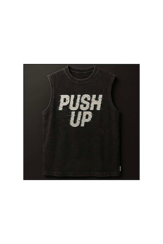Technomonkey Siyah Erkek Pamuklu Antrenman Sporcu Atleti Oversize Yıkamalı Push Up Baskılı Kolsuz T-shirt