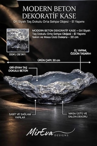 Tr Modern Beton Dekoratif Kase Gri Siyah Taş Dokulu Orta Sehpa Objesi El Yapımı Salon Ve Masa Üstü Dekoru