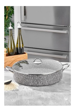 Taç 34 Cm Ultra Granit Metal Kulplu Basık Tencere Gri