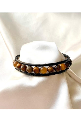 Kaplan Gözü Doğal Taş Çelik Hakiki Deri Erkek Bileklik 21 Cm Kahverengi - Siyah