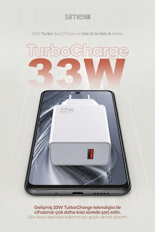 Simex Xiaomi, Redmi, Poco, Uyumlu 33 Watt Hızlı Turbo Şarj Seti Ce Belgeli Sps-19