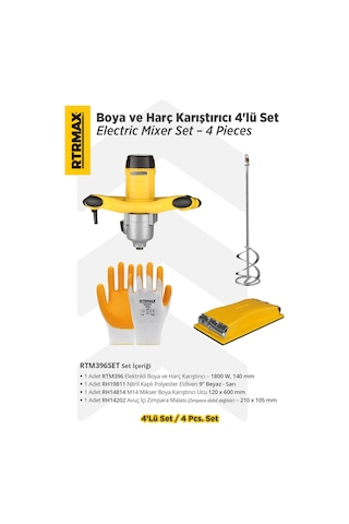 Rtrmax RTM396SET Elektrikli Boya ve Harç Karıştırıcı Eldiven + Boya Karıştırıcı Ucu + Zımpara Malası 4'lü Set