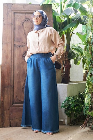 1153-denim Püsküllü Pantolon Etek Koyu Mavi Koyu Mavi