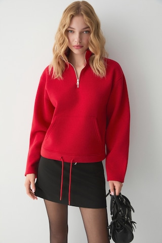 ETHIQUET BE AGIO Kadın Organik Pamuklı Kanguru Cepli Yakası Fermuarlı Kırmızı Sweatshirt